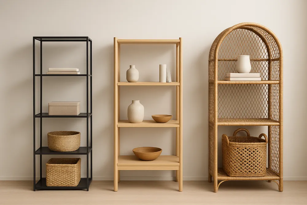Стильні етажерки різних інтер’єрних стилів на нейтральному фоні Три етажерки — металева, дерев’яна та плетена — у світлій студійній інтер’єрній композиції