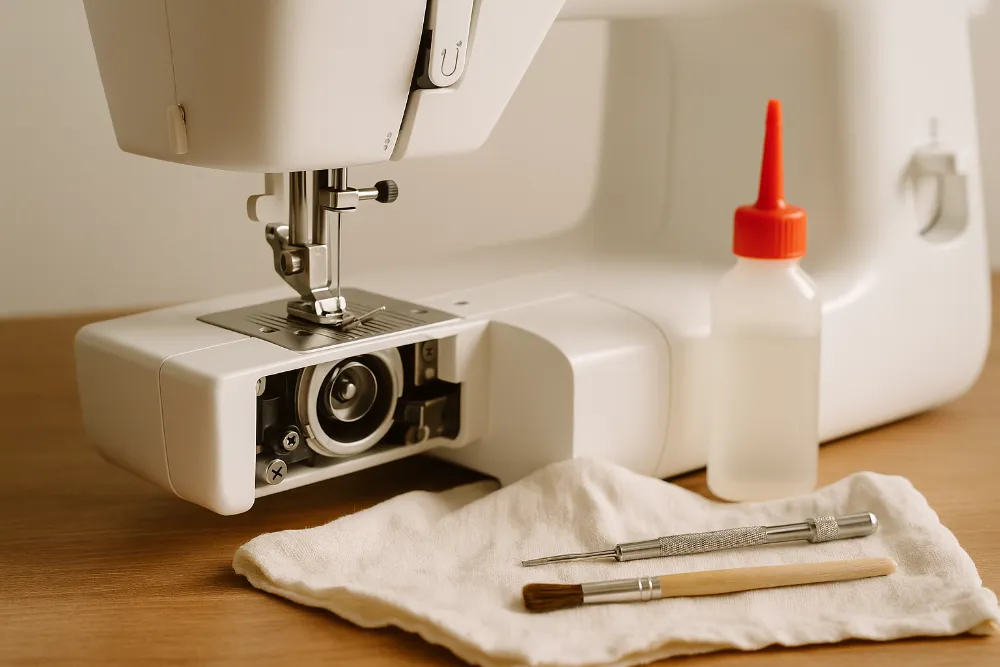 Догляд і змащування швейної машинки: зона човникового механізму Крупний план швейної машинки з інструментами та мастилом для технічного догляду