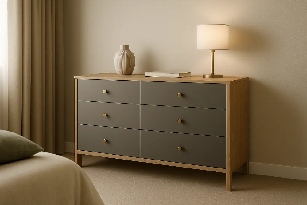 Комод у світлій спальні в стилі modern luxury з теплим декором Елегантний світлий комод у спальні modern luxury з лампою та вазою