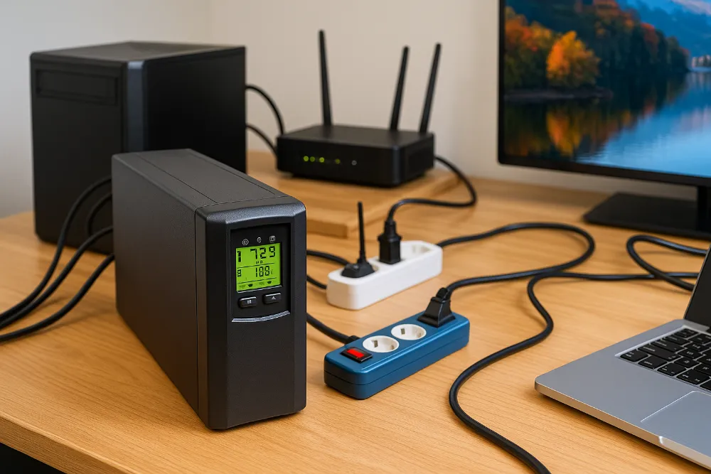 Джерело безперебійного живлення у домашній системі 2025 Реалістичне фото ДБЖ на столі поруч із ПК, роутером та подовжувачами