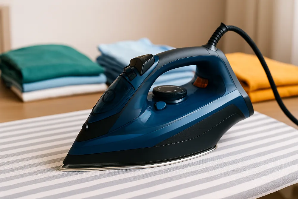 Сучасна праска на прасувальній дошці з акуратно складеним одягом Фотографія сучасної праски на дошці з яскравим складеним одягом позаду