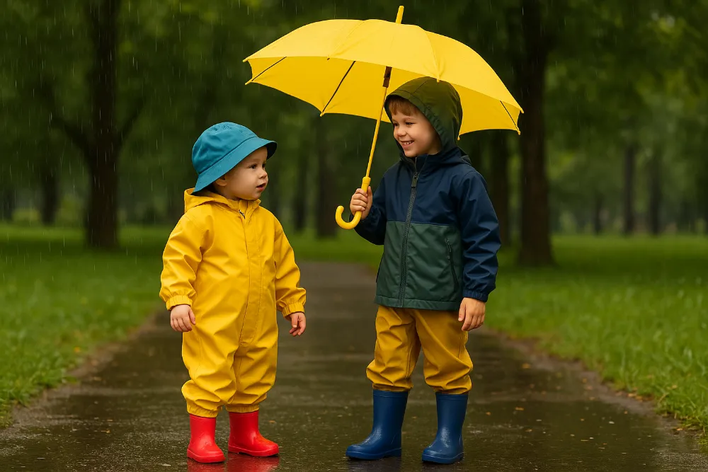 Діти в дощовому одязі на прогулянці під парасолькою Двоє дітей у водонепроникному одязі та гумових чоботах гуляють під дощем