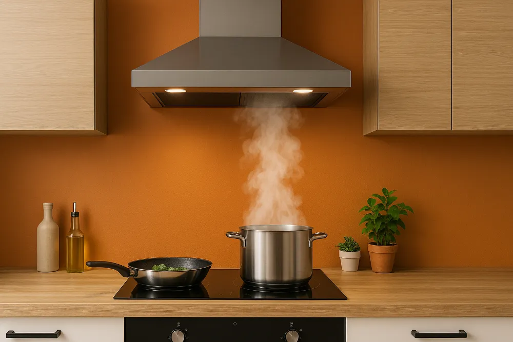 Сучасна кухня з рециркуляційною витяжкою над варильною поверхнею Рециркуляційна кухонна витяжка працює над плитою з парою у сучасному інтер’єрі