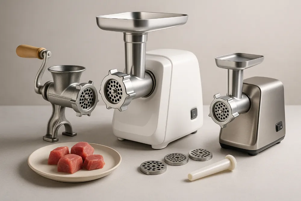 М’ясорубки різних типів у студійній преміум-композиції Три м’ясорубки — механічна, електрична та компактна — у професійній студійній композиції
