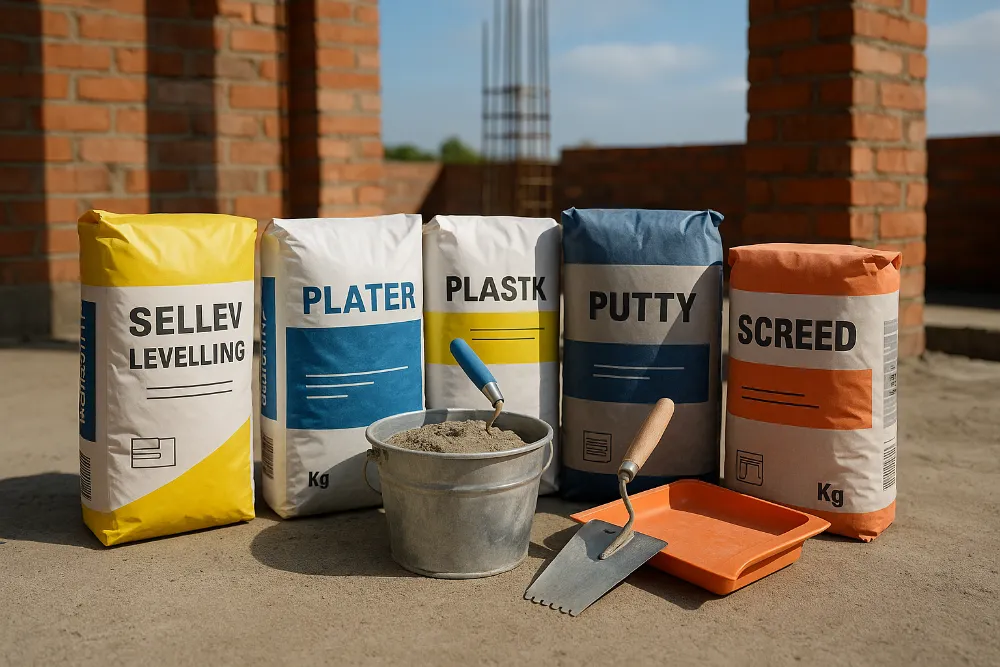 Будівельні суміші для різних видів робіт на будівельному майданчику Сухі будівельні суміші, інструменти та розчин для штукатурних і оздоблювальних робіт на об’єкті