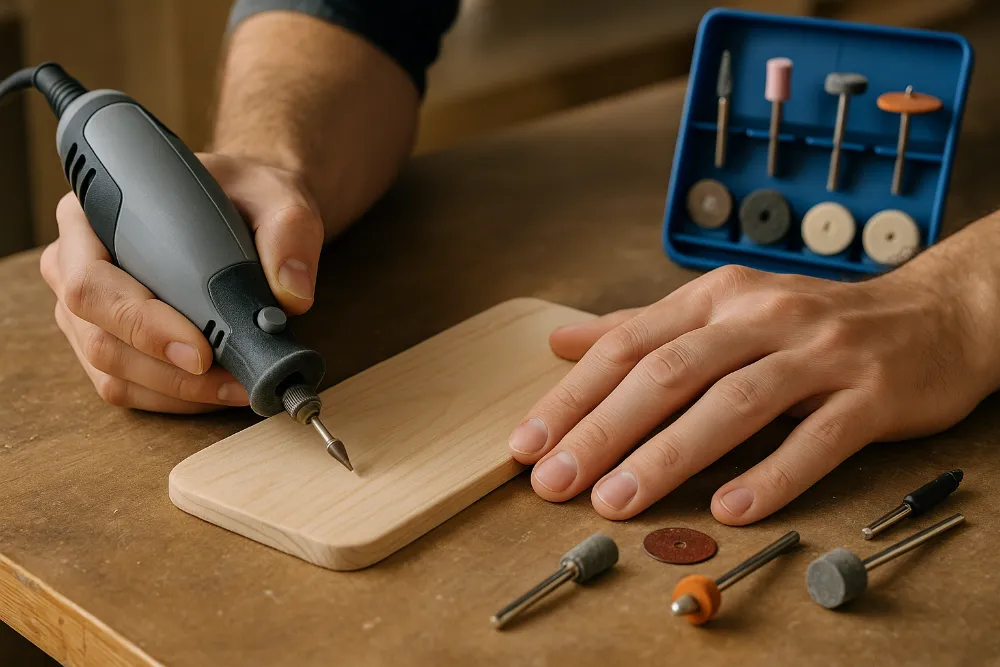 Робота з гравером по дереву: практика для новачків Майстер працює з гравером по дереву, використовуючи насадки для гравірування на робочому столі