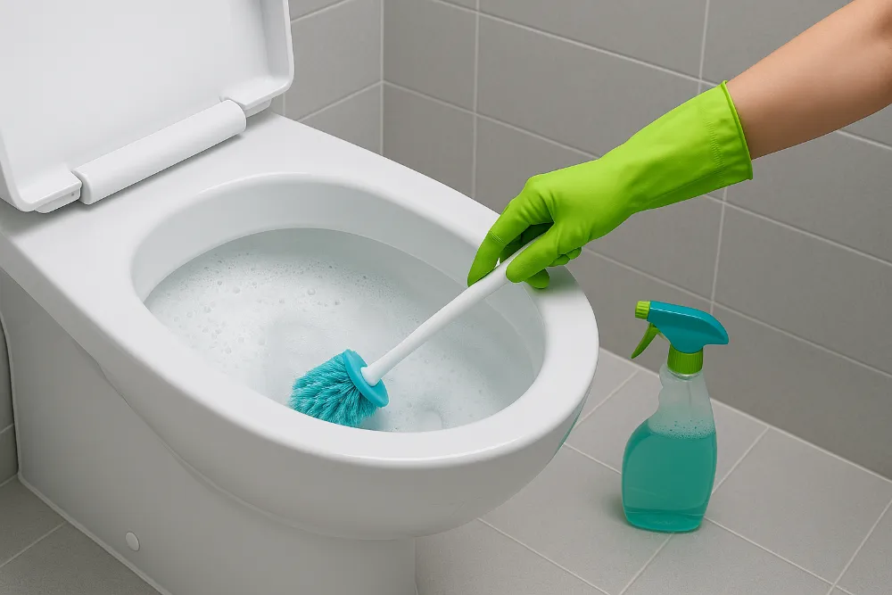 Чищення сантехніки у ванній кімнаті: безпечний та правильний догляд Процес чищення унітаза щіткою та мийним засобом у рукавичках у світлій сучасній ванній кімнаті