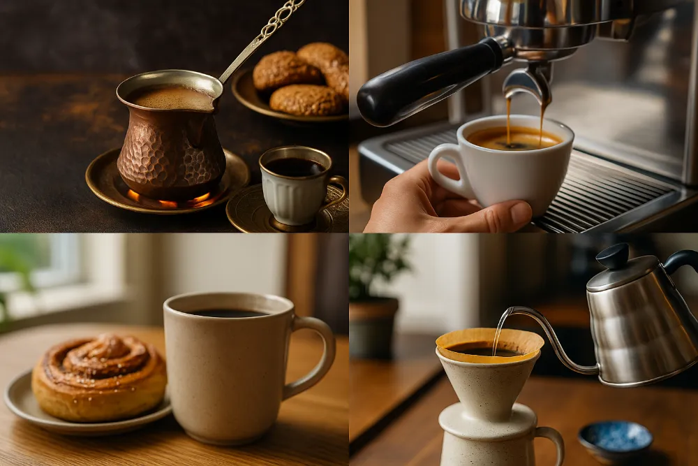 Кавові ритуали світу: турецька, італійська, скандинавська та японська традиції Колаж світових кавових ритуалів: турецька джезва, італійське еспресо, скандинавська фіка та японський pour-over