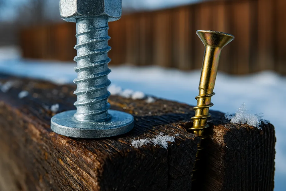 Нержавіючі та оцинковані кріплення, встановлені в деревину на вулиці взимку, у вологих і морозних умовах