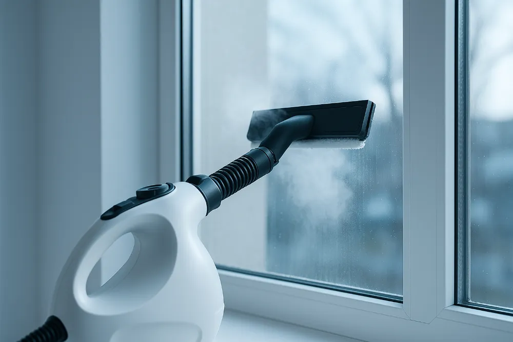 Пароочисник очищує вікно, насадка спрямована на скло, видно легкий потік пари