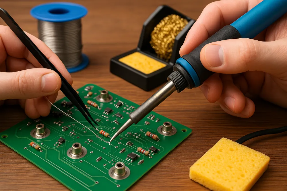Ручна пайка електронної плати паяльником і пінцетом з підготовленими інструментами на робочому столі