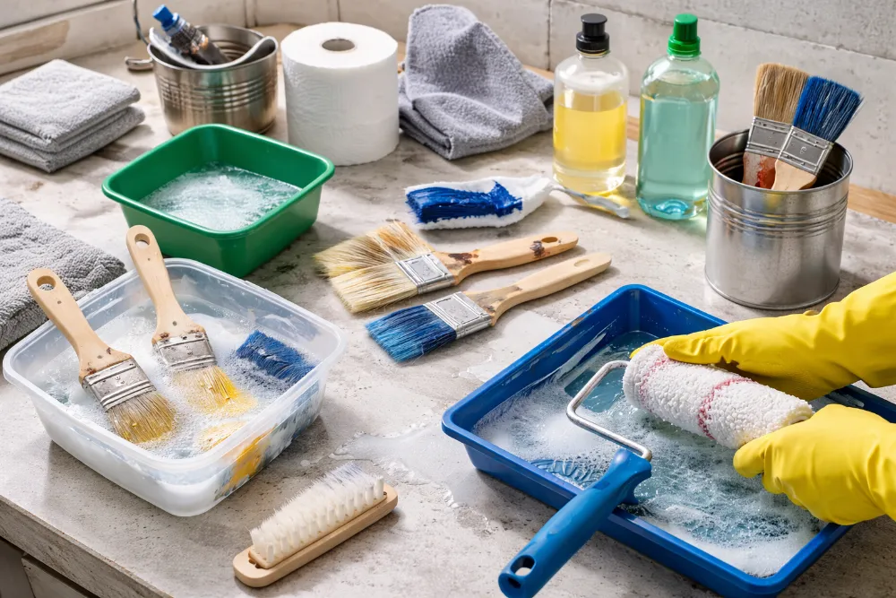 Очищення кистей і валиків у workshop-сцені правильного догляду Практичний процес миття кистей і валиків з різними фарбами на робочій поверхні з водою, піною та ємностями