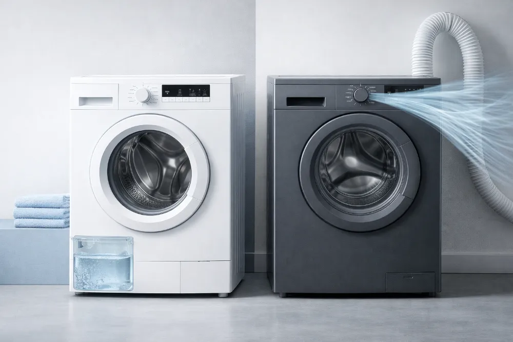 Порівняння конденсаційної та вентиляційної сушильних машин Дві сучасні сушильні машини поруч: конденсаційна з контейнером для води та вентиляційна з повітряним потоком