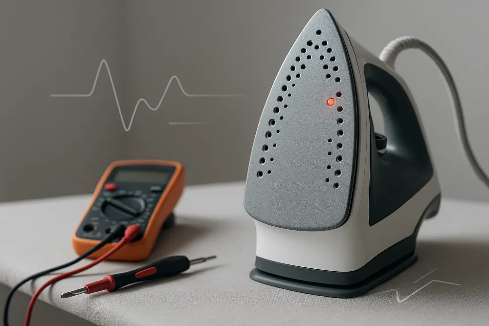 Діагностика праски: інструменти та індикатор нагрівання на дошці Побутова праска на прасувальній поверхні з мультиметром та інструментами для перевірки