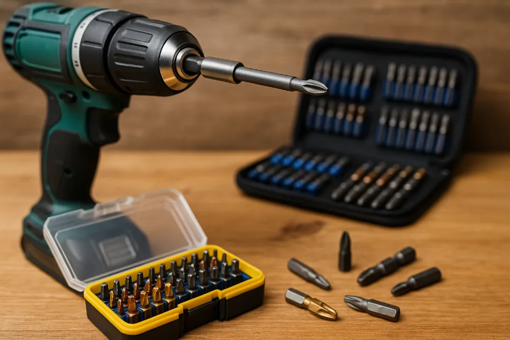Шурупокрут із встановленою бітою та набори біт на столі крупним планом