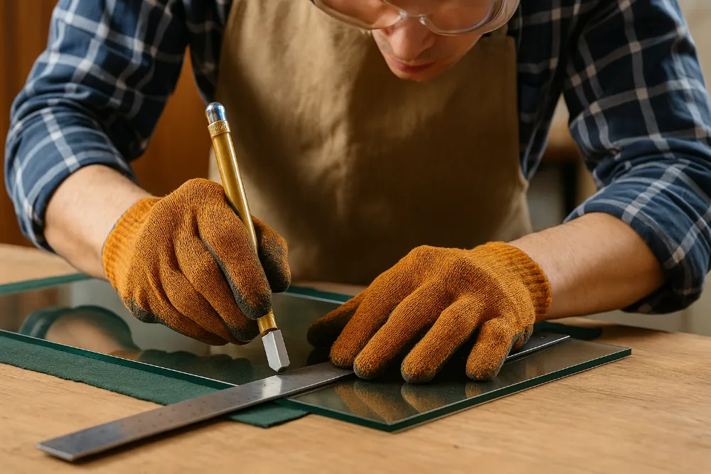 Різання скла склорізом у домашніх умовах Майстер у захисних рукавицях ріже листове скло масляним склорізом по металевій лінійці