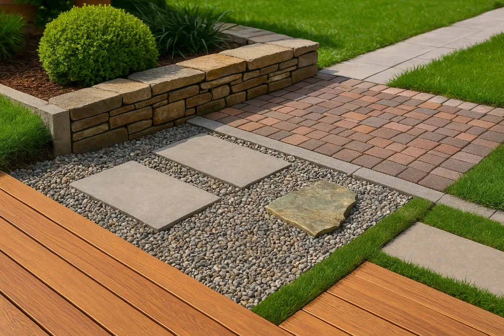 Будівельні матеріали для облаштування двору на приватній ділянці Облаштований двір з тротуарною плиткою, каменем, гравієм і терасною дошкою для різних зон користування