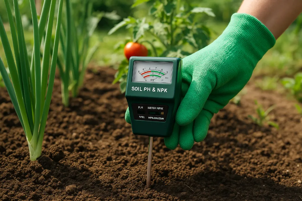 Вимірювання кислотності та поживного складу ґрунту pH і NPK тестером на городній ділянці