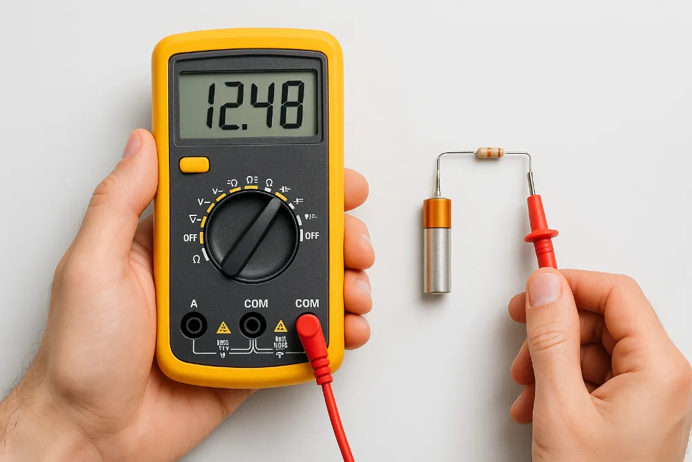 Цифровий мультиметр з під’єднаними щупами вимірює напругу батарейки на чистому робочому столі