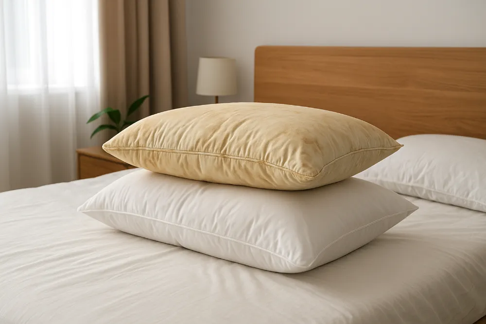 Коли подушку час міняти для здорового та комфортного сну Стара та нова подушки на ліжку в світлій спальні як символ своєчасної заміни подушки для здорового сну
