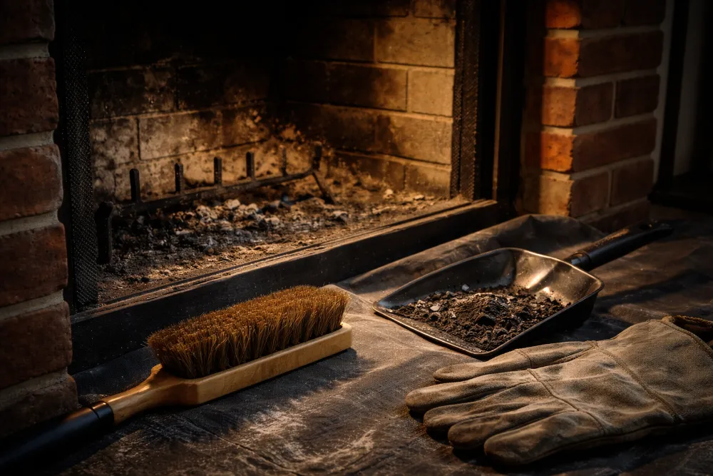 Делікатне чищення каміна від сажі в домашніх умовах Атмосферна сцена чищення каміна: відкрита топка з сажею, щітка, совок і захисні рукавички біля каміна