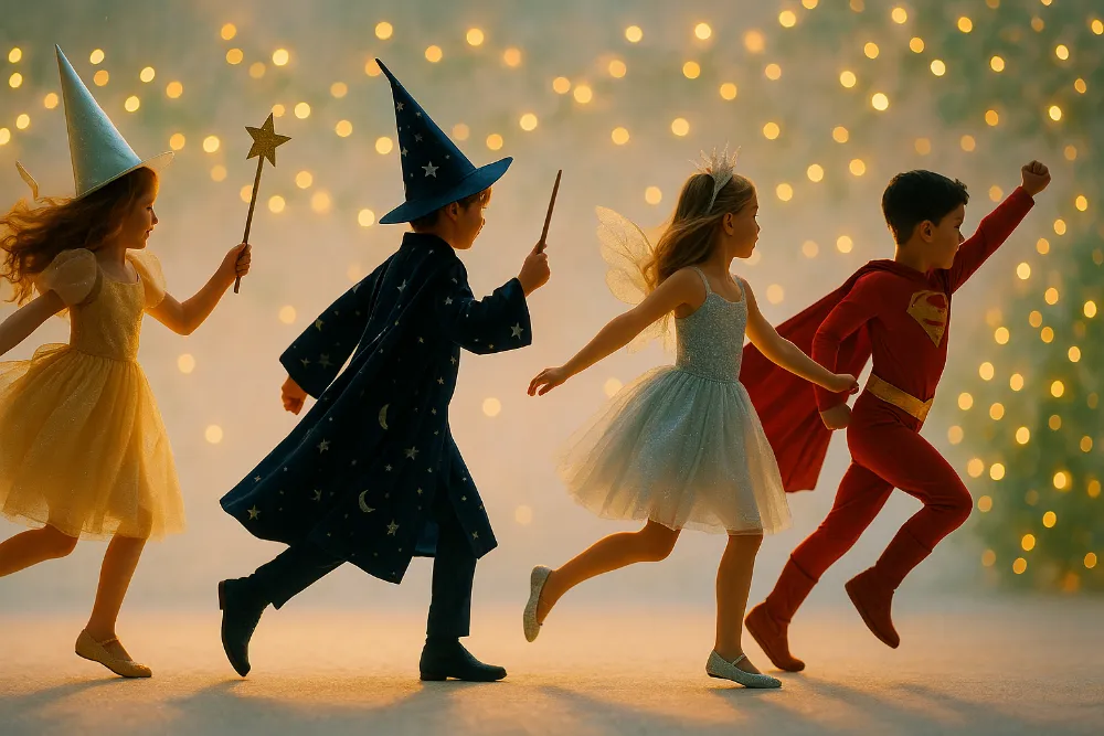 Новорічні костюми для дітей у казковій fashion-сцені Діти в новорічних костюмах феї, чарівника, сніжинки та супергероя у святковій казковій атмосфері