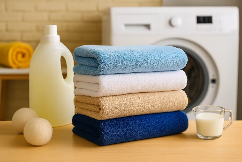 М’які рушники після прання та правильного догляду в домашніх умовах Складені м’які рушники після прання поруч із пральною машиною та засобами для догляду за текстилем