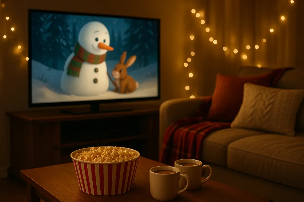 Новорічний сімейний кіновечір із мультфільмами та какао Затишна family-cinema сцена з диваном, попкорном, какао та телевізором під час новорічного перегляду мультфільмів