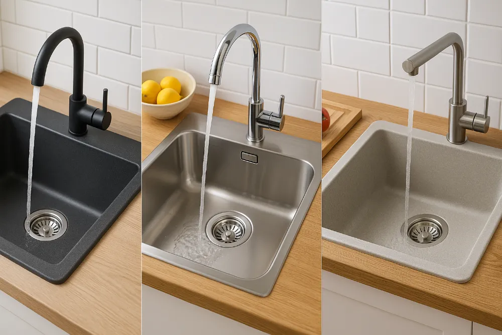 Порівняння гранітної, нержавіючої та композитної кухонних мийок Три кухонні мийки з різних матеріалів — граніт, нержавійка і композит у реалістичній інтер’єрній візуалізації