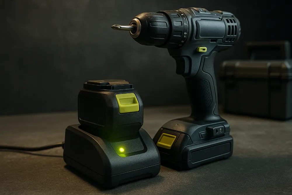 Шурупокрут із акумулятором на зарядній станції в майстерні, процес безпечного заряджання батареї