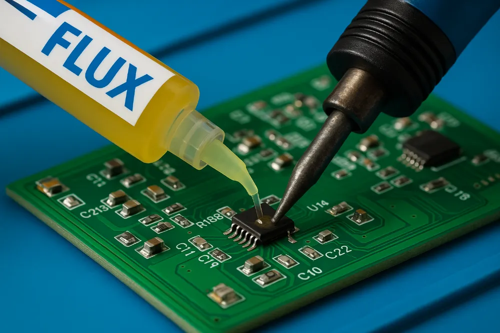 Пайка мікросхеми з використанням флюсу на друкованій платі Нанесення флюсу та пайка SMD-мікросхеми паяльником на зеленій друкованій платі