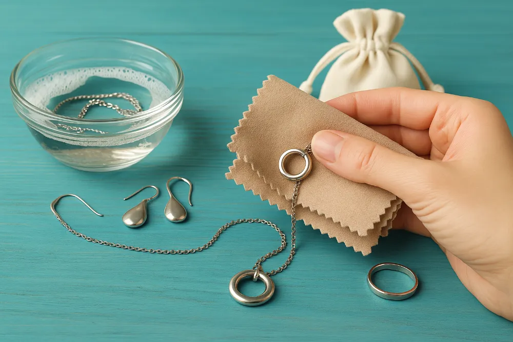 Очищення срібних прикрас м’якою серветкою та замочуванням у воді в домашніх умовах