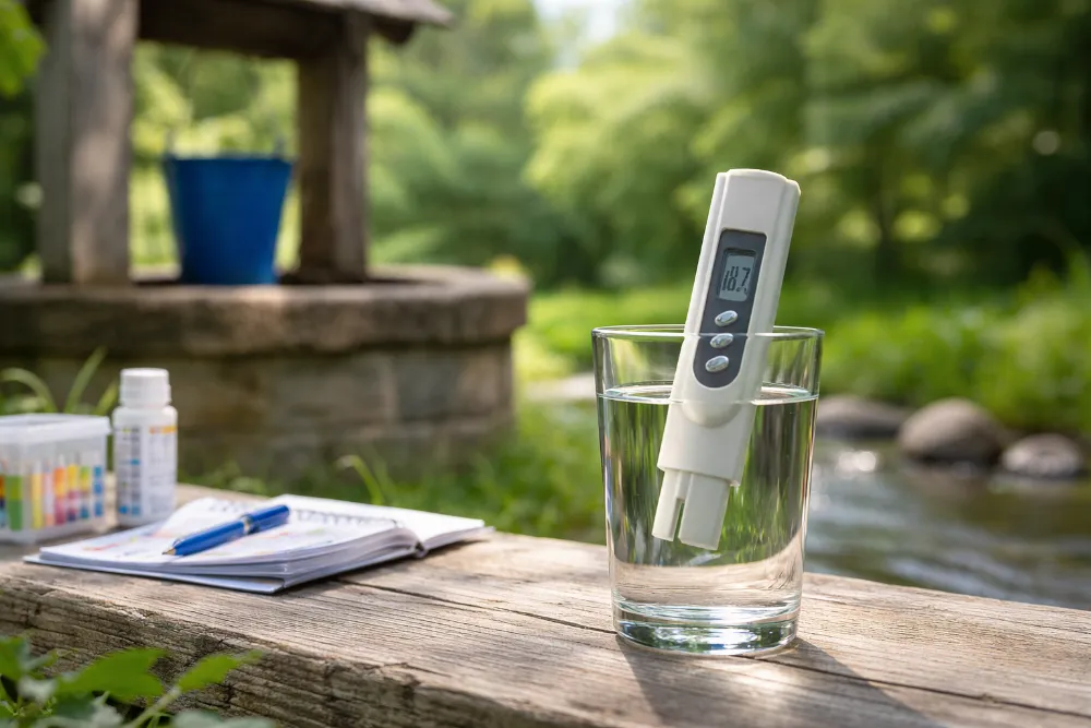 Перевірка якості питної води з колодязя портативним тестером Побутовий тестер якості води у склянці біля колодязя для контролю показників питної води