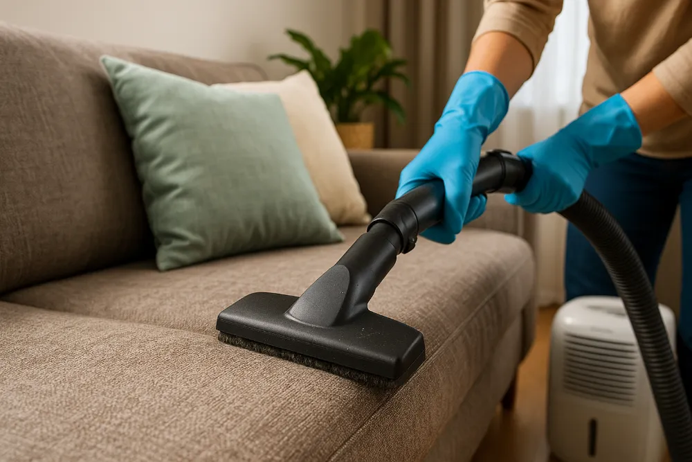 Очищення м’яких меблів від пилу та алергенів пилососом Пилосос із HEPA-фільтром очищає м’які меблі для зменшення пилового кліща та алергенів у домі