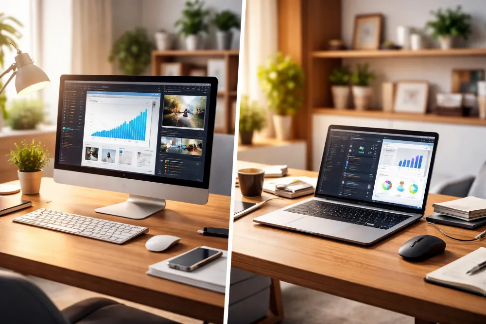 Моноблок і ноутбук на робочому столі для порівняння форматів Порівняння моноблока і ноутбука на сучасному робочому місці з аксесуарами