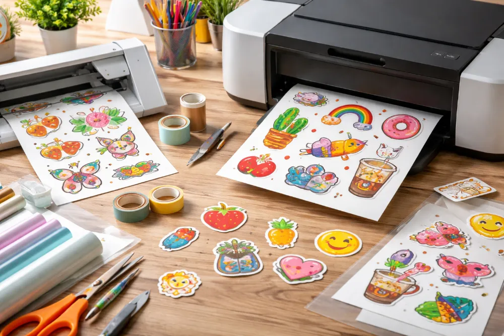 Процес друку наклейок на принтері з підготовкою та різанням Друк яскравих наклейок на струменевому принтері з використанням самоклейного паперу та інструментів для різання