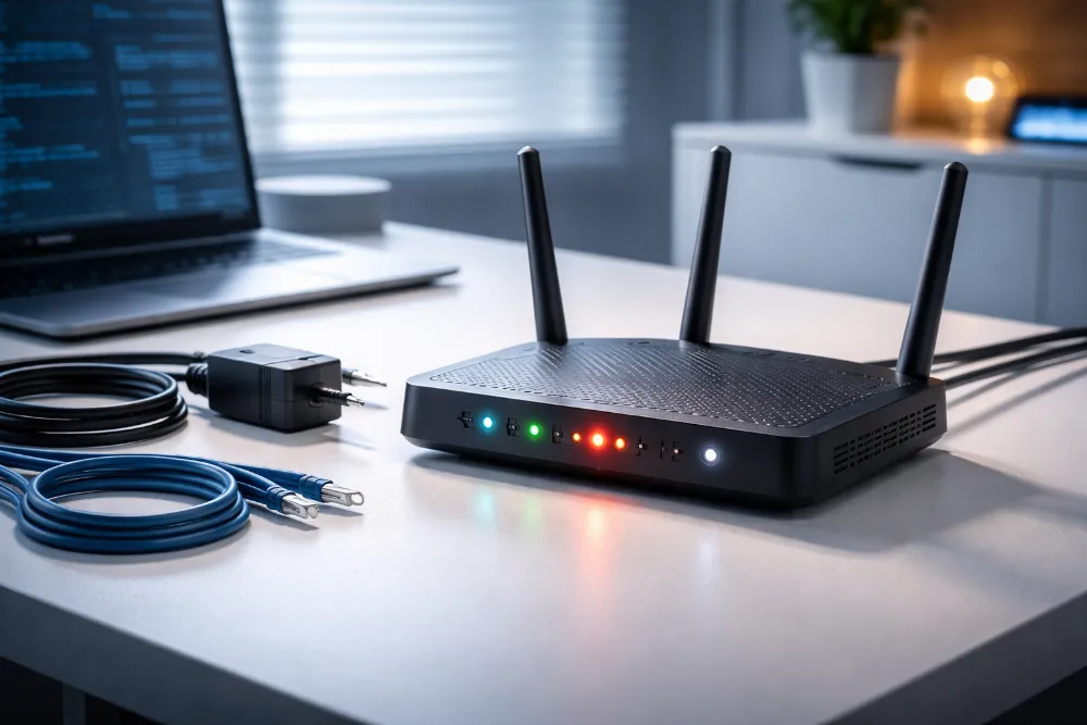 Wi-Fi маршрутизатор на робочому столі з мерехтливими індикаторами, кабелі живлення та Ethernet під час діагностики мережі