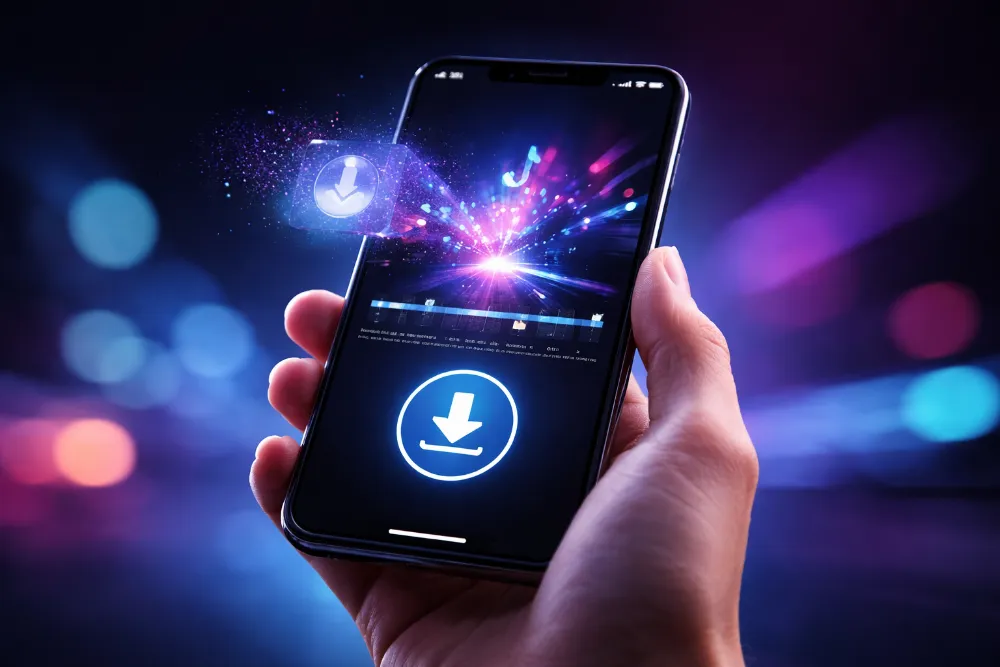 Смартфон у руці з абстрактним відеокадром і кнопкою завантаження без водяного знака на темному неоновому фоні