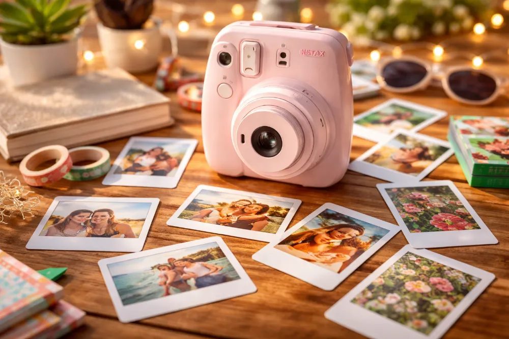 Фотоапарат миттєвого друку з надрукованими фото, касетами плівки та аксесуарами для зйомки