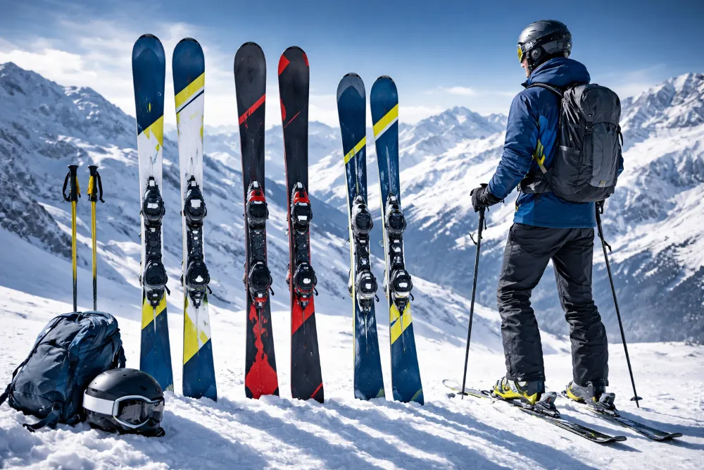 Порівняння лиж різної довжини та геометрії на снігу з силуетом лижника для правильного вибору лиж