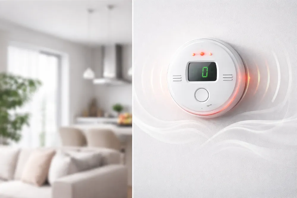 Датчик чадного газу в сучасному інтер’єрі квартири Сучасний датчик чадного газу на світлій стіні квартири як елемент домашньої безпеки