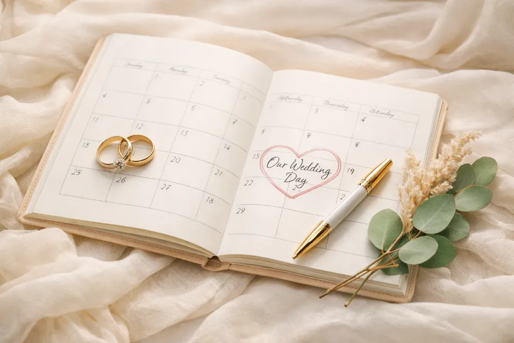 Календар із позначеною датою весілля, обручки та евкаліпт у ніжній пастельній wedding-planning атмосфері