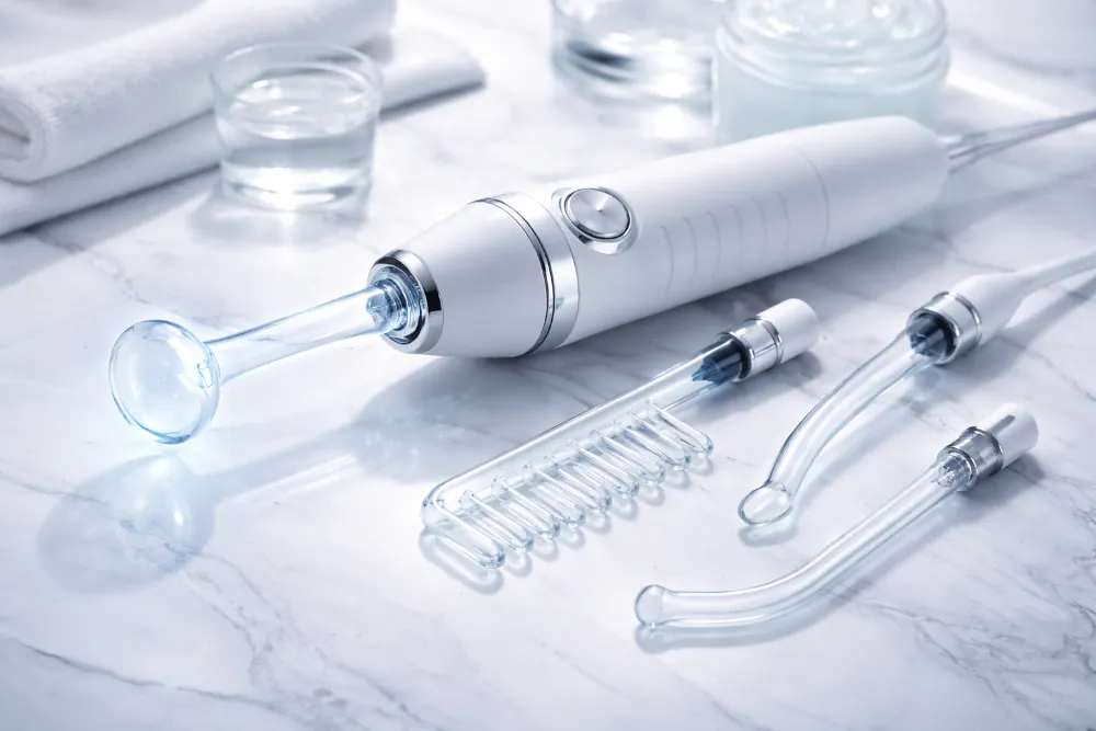 Дарсонваль з насадками для обличчя та волосся у домашньому догляді Дарсонваль із насадками грибок і гребінець на світлій поверхні для догляду за обличчям і волоссям