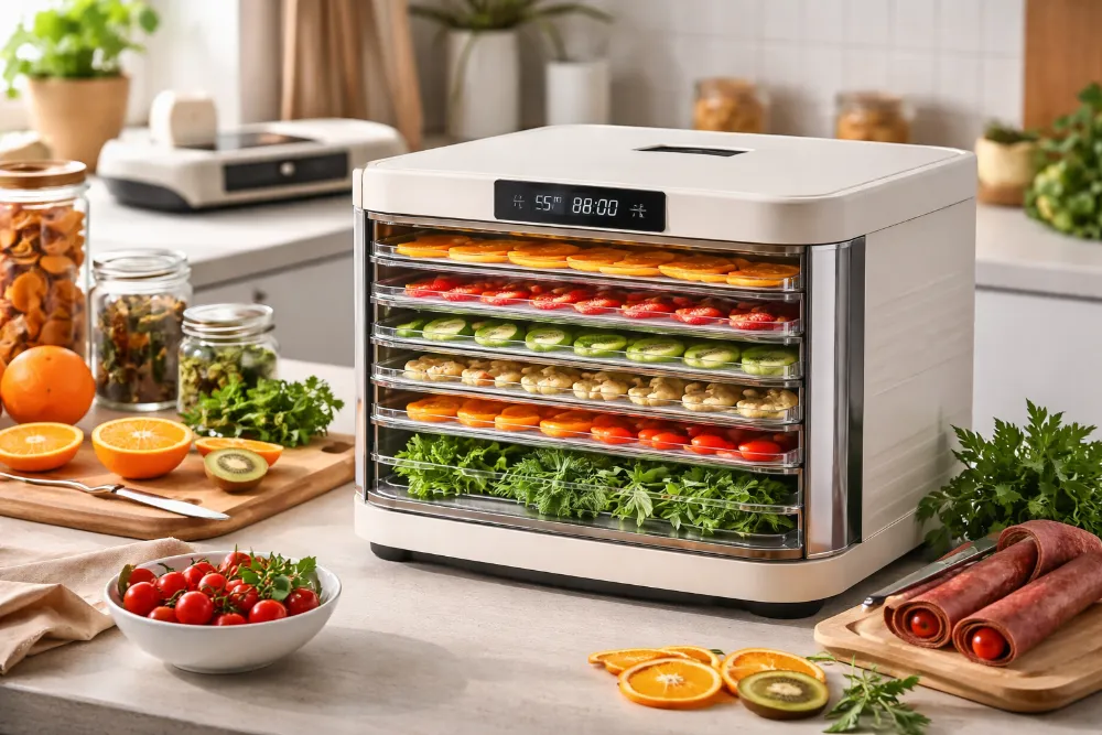 Дегідратор у напіввідкритому вигляді з лотками фруктів, овочів і трав у сучасному інтер’єрі кухні, м’яке природне світло
