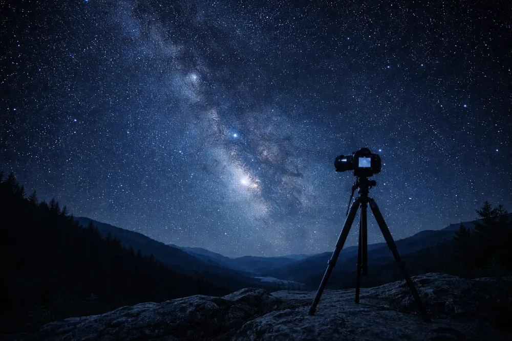 Камера на штативі знімає Чумацький Шлях над темним гірським ландшафтом під чистим зоряним небом