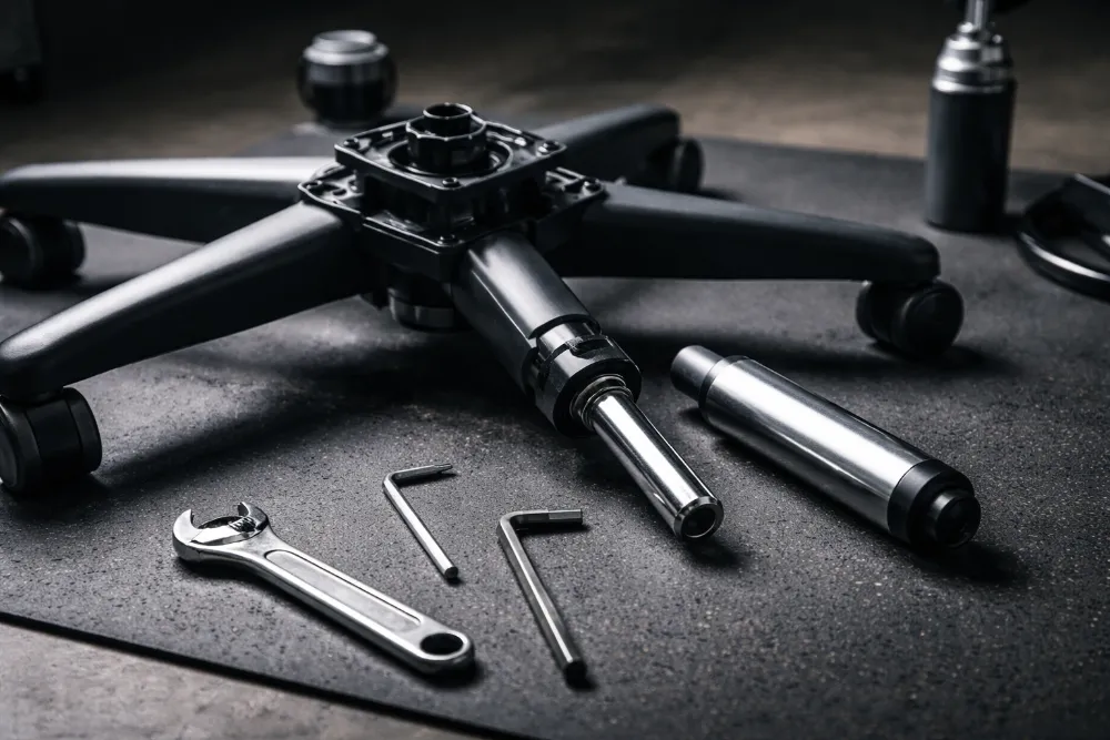 Ремонт підйомного механізму комп’ютерного крісла: газліфт і інструменти Перевернуте комп’ютерне крісло з розібраним газліфтом і підйомним механізмом, поруч інструменти для ремонту