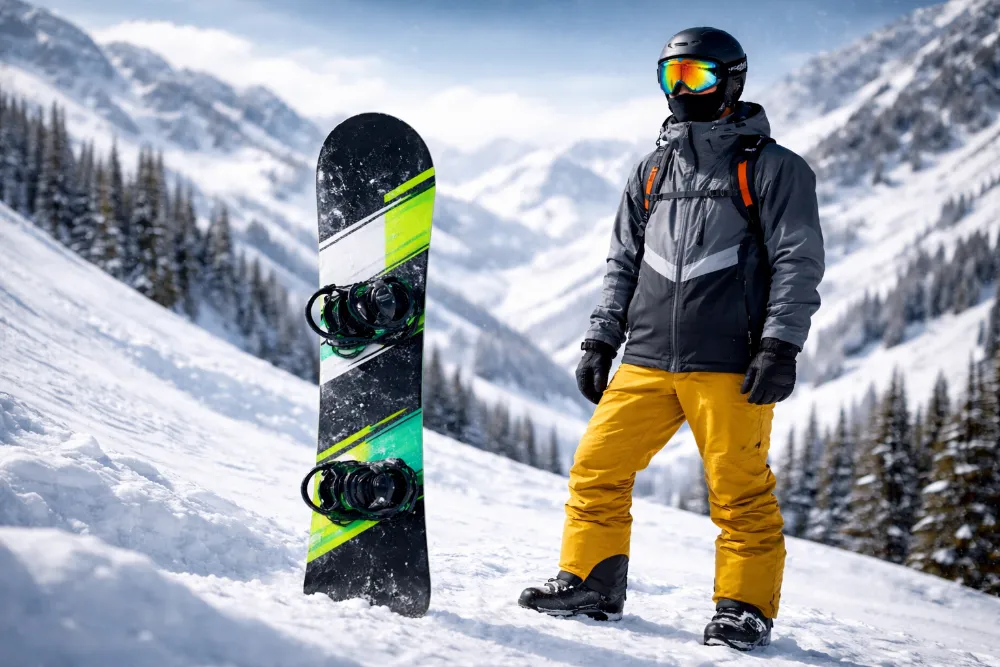Сноуборд, встановлений вертикально на снігу, та райдер у горах — приклад вибору дошки для різного рівня катання