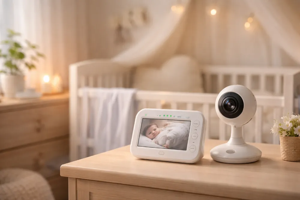 Радіоняня в дитячій кімнаті — спокій і безпека вдома Радіоняня біля дитячого ліжечка в світлій кімнаті, атмосфера спокою та турботи для батьків