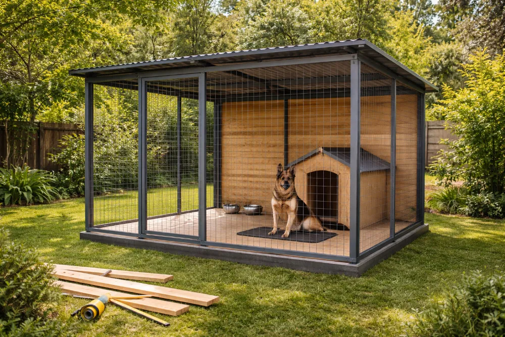 Вольєр для собаки на подвір’ї з металевим каркасом, сіткою, дахом і будкою, приклад продуманої DIY-конструкції
