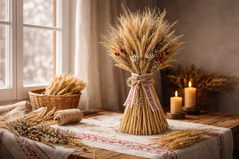 Дідух ручної роботи в інтер’єрі українського різдвяного дому Дідух з пшеничних колосків у світлій кімнаті біля вікна як символ українського Різдва